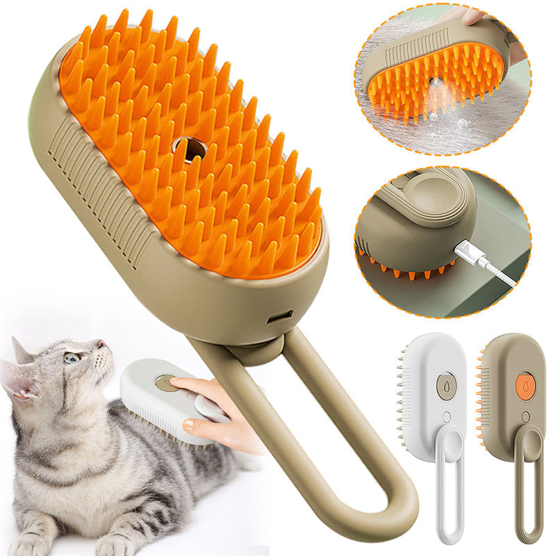 Cashymart steam cat grooming brush with soft bristles and ergonomic handle, designed for gentle pet grooming and fur detangling.