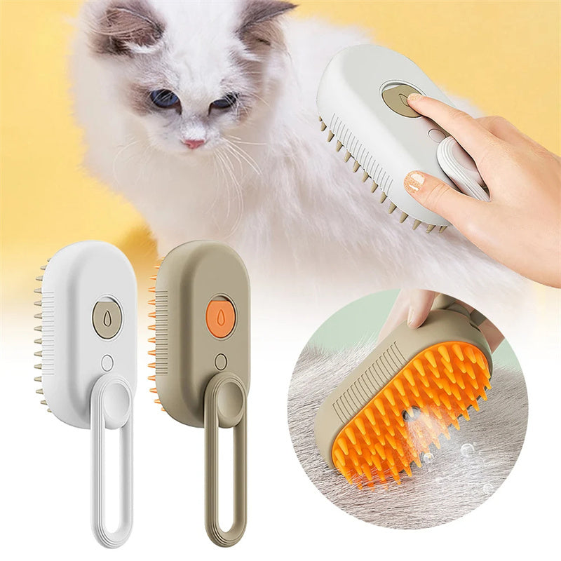 Cashymart cat grooming brush with steam, shown in use on a cat, designed for gentle, effective fur cleaning and detangling.