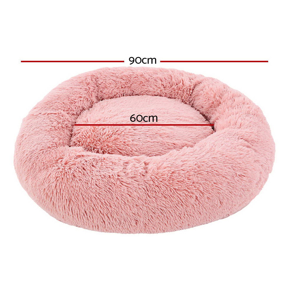 Large pink plush pet bed for dogs and cats, 90cm calming soft pet care comfort by DropshipZone.