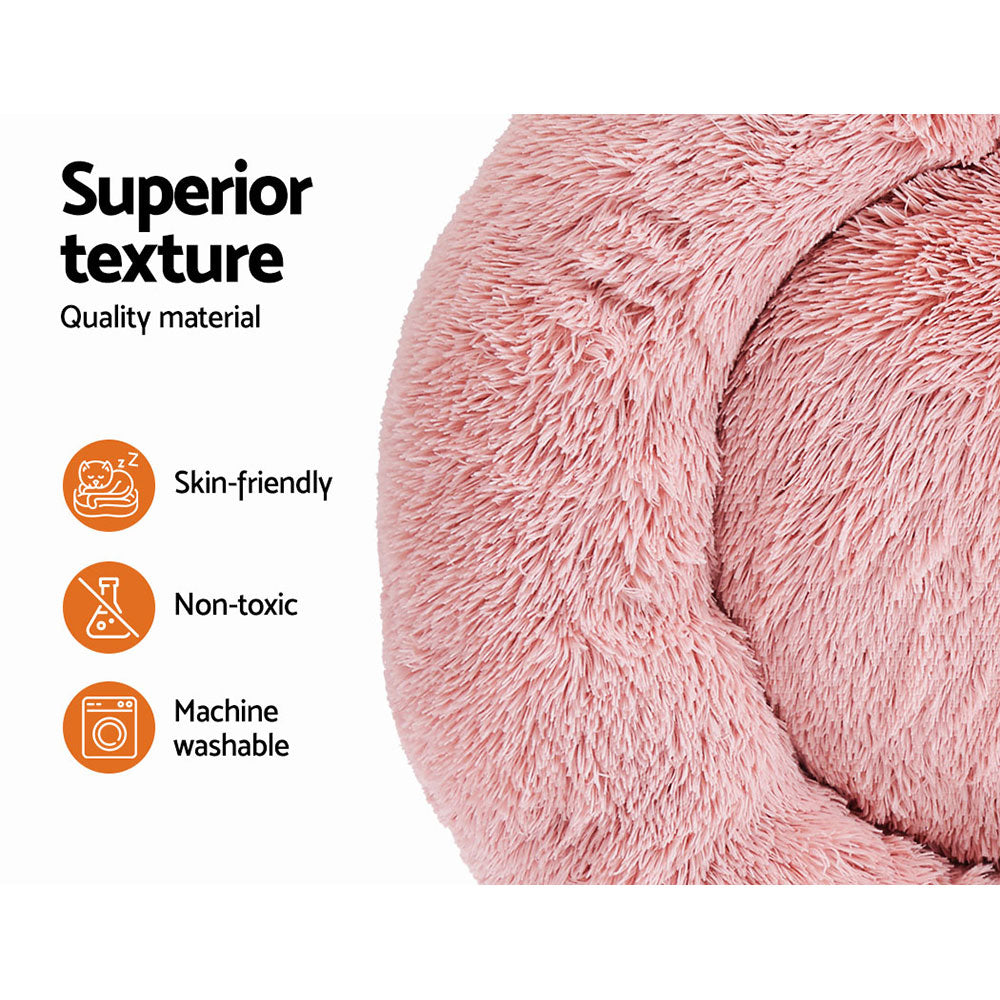 Large pink plush pet bed for dogs and cats, 90cm calming soft bed by DropshipZone, cozy and comfortable pet care accessory.