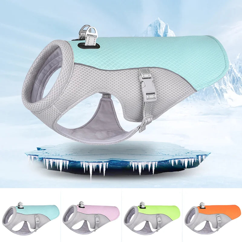 Reflective summer dog cooling vest harness by Cashymart, lightweight and breathable for keeping dogs cool and visible outdoors.
