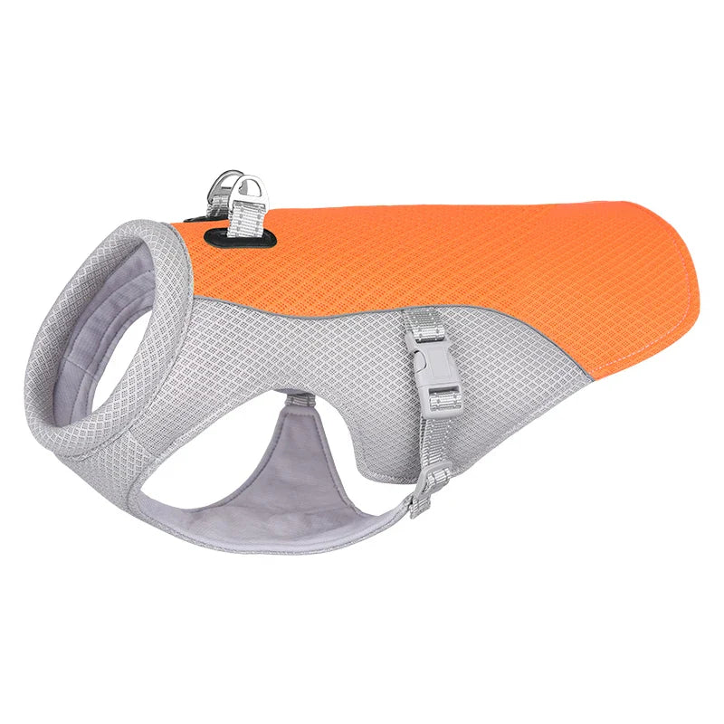 Cashymart summer dog cooling vest harness with reflective strips, lightweight and breathable for keeping dogs cool in warm weather.
