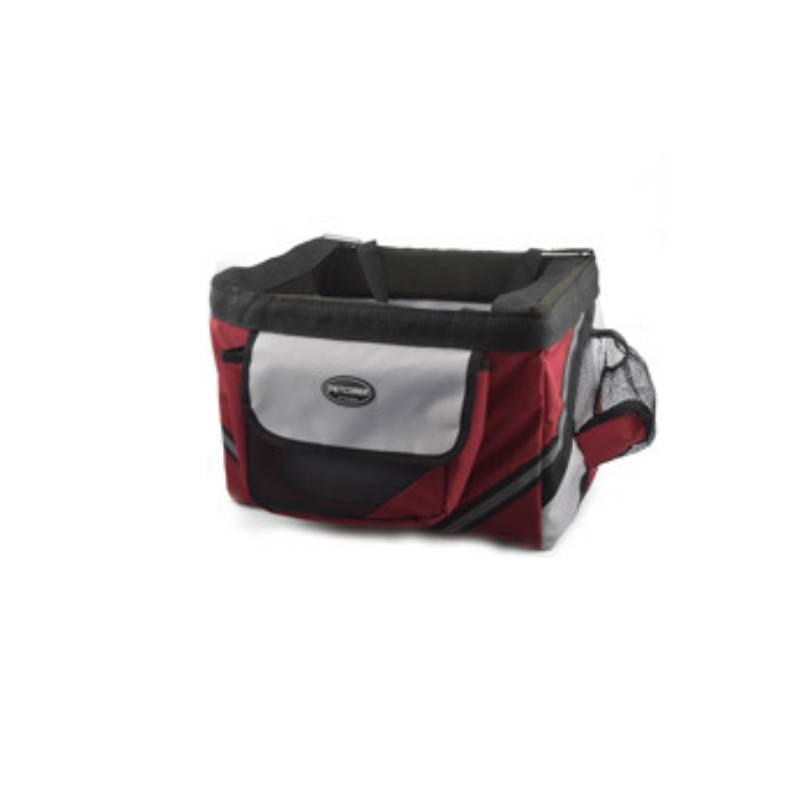 Dog Hugs Cat Bikepaws Pet Traveler removable front bicycle carrier for small cats and dogs, with mesh sides and adjustable straps.