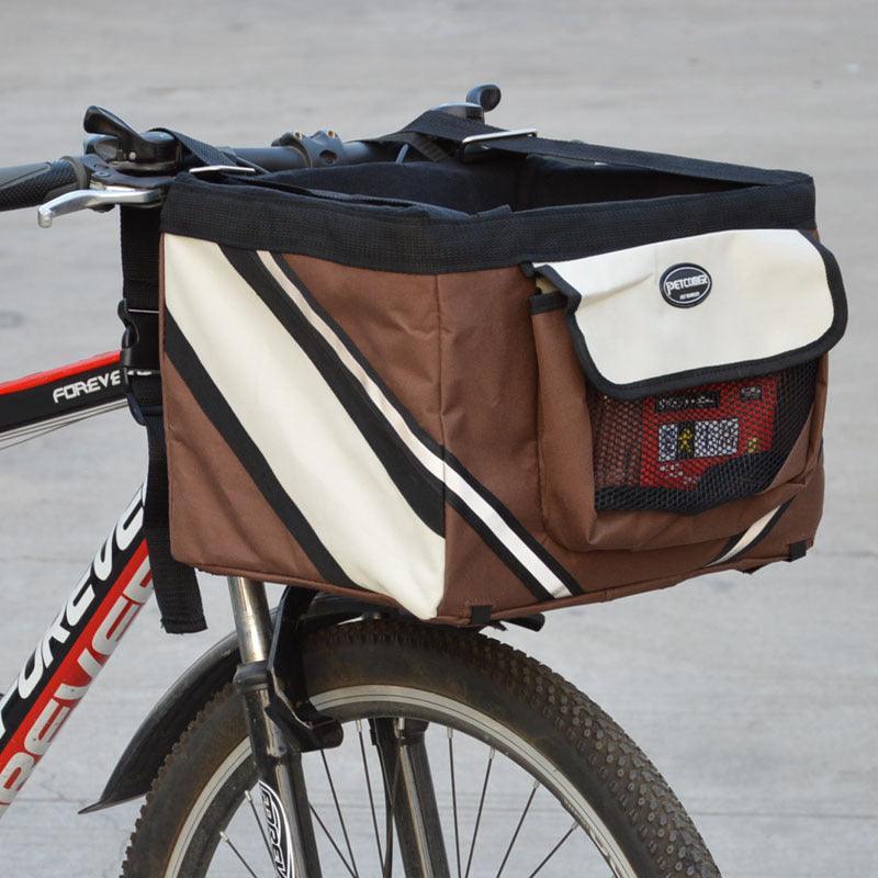 Dog Hugs Cat Bikepaws Pet Traveler removable front bicycle carrier for small cats and dogs, designed for easy travel.